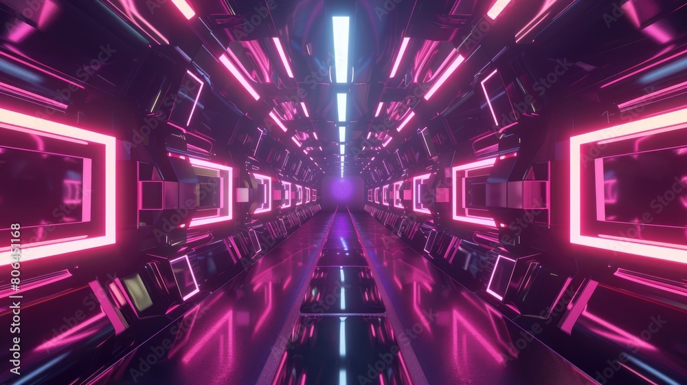 Neon-lit tunnel with laser beams creates futuristic backdrop. Abstract tech vibe. Ai Generated