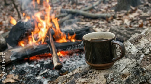 Wallpaper Mural A glass of coffee placed on wood with a campfire in the background while camping Torontodigital.ca