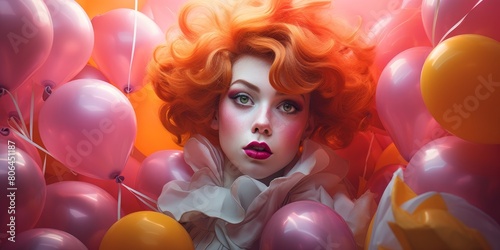 Vibrant portrait of a woman with curly red hair surrounded by colorful balloons