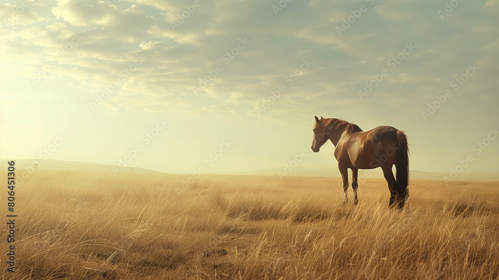 Horse standing in golden field at sunset Horse standing in golden field at sunset