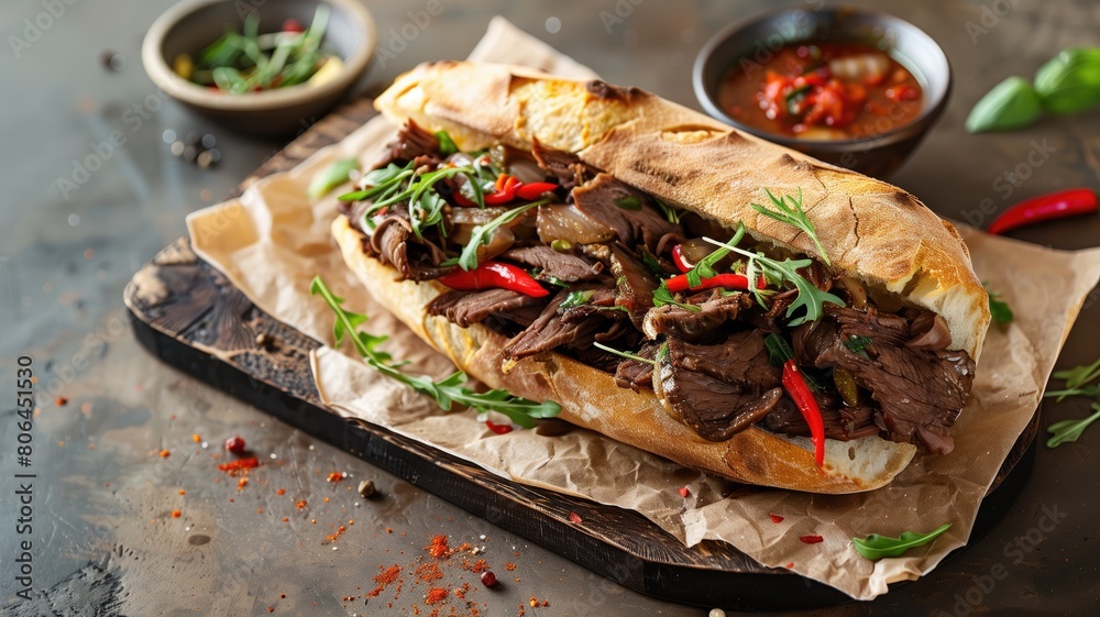 Steak sandwich on crusty bread with peppers and arugula, served sauce Steak sandwich on crusty bread with peppers and arugula, served sauce