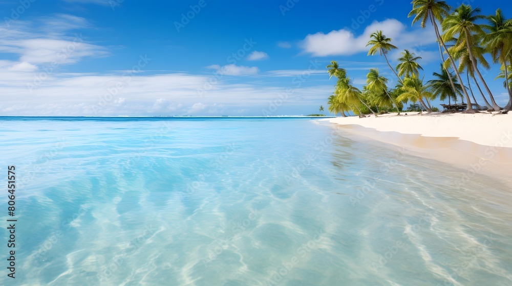 Panoramic view of beautiful tropical beach with palm trees and turquoise water