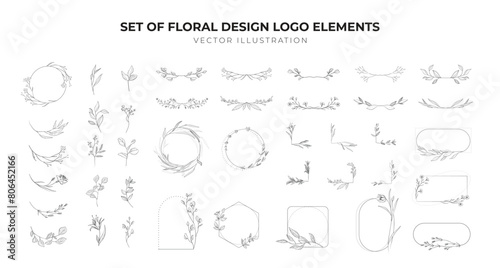 Modern Set of floral design logo elements. Wreath borders dividers, frame corners and minimalist flowers branch. Hand drawn line wedding herb, elegant leaves for invitation save the date card.	