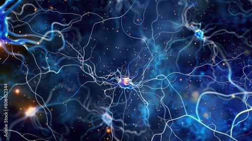 Neuron cells on abstract backdrop depict neural connections in human brain with glowing synapses. Ai Generated #806452344