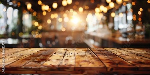 Timbered Perspectives: A Restaurant Scene Captured through a Wooden Table's View. photo