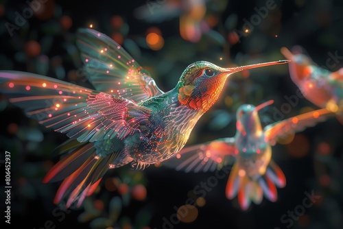 Render a group of robotic hummingbirds hovering around a digital garden, shot from above to showcase intricate details and colorful feathers, in smooth vector art style