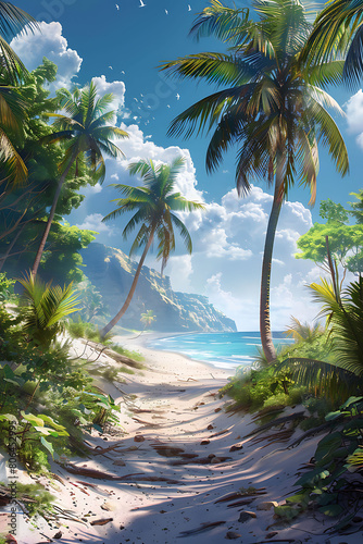 A sun-drenched beach  with palm trees swaying gently in the tropical breeze