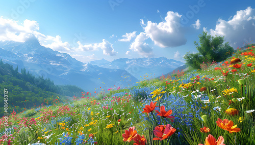 A breathtaking hillside vista, with wildflowers carpeting the slopes under a vivid blue sky