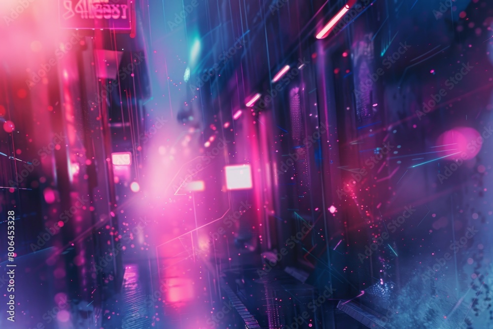 A neon city street with a sign that says A neon city street with a sign that says