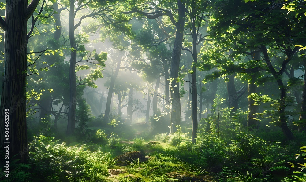 Fototapeta premium A misty forest morning, with sunlight filtering through the dense canopy of trees