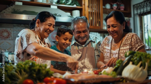 Content Hispanic family sharing laughter and stories while cooking