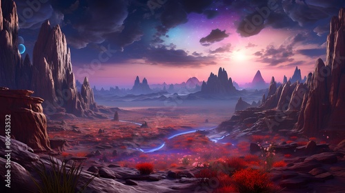 Fantasy alien planet. Mountain. 3D illustration. Panorama