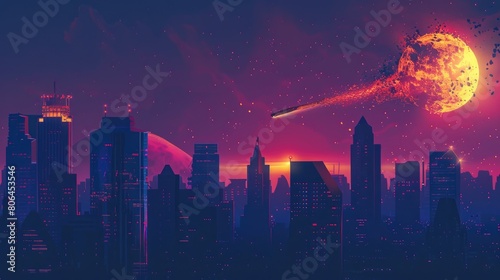 A luminous meteorite descends upon a city skyline  casting an ethereal glow. Ai Generated