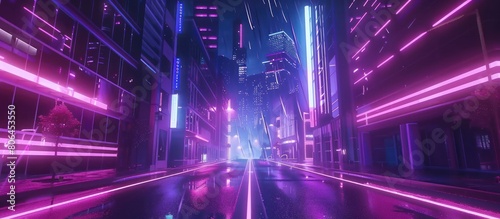 Neon Street view in a modern cyberpunk city at night