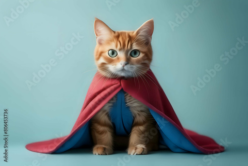Superhero cat, Cute orange tabby kitty with a blue cloak and mask jumping and flying on light blue background with copy space. The concept of a superhero, super cat, leader, funny animal studio shot. © Marco