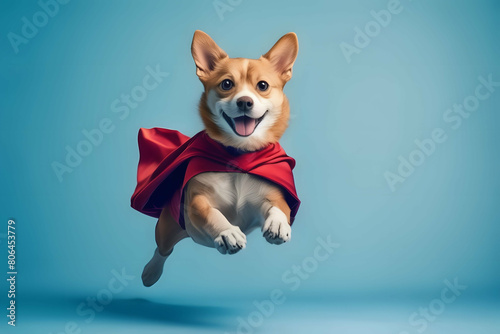 Superhero dog, Cute red tabby dog with a blue cloak and mask standing on pastel background with copy space. The concept of a superhero, super dog, leader, funny animal studio shot.