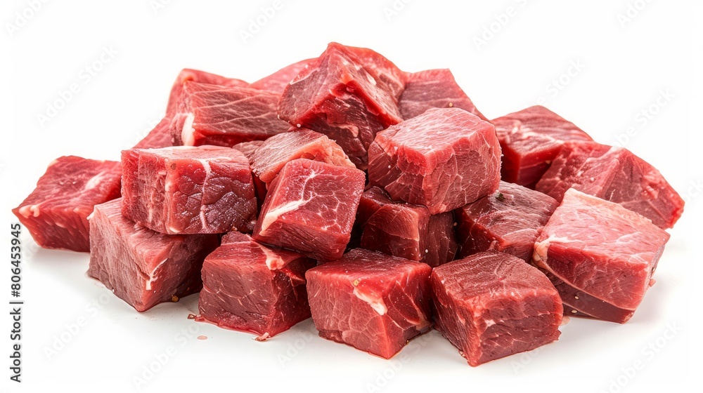 Cubes of raw beef meat isolated on white Cubes of raw beef meat isolated on white