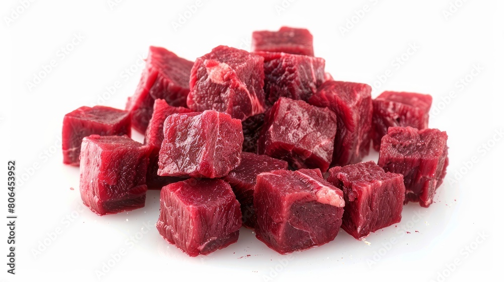 Cubes of raw beef meat isolated on white Cubes of raw beef meat isolated on white