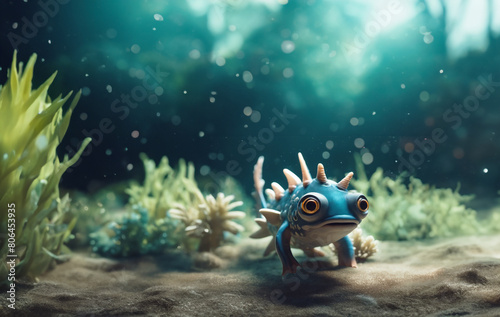A cute 3d monster with fins like a fish and a knack for swimming in the deepest oceans. photo