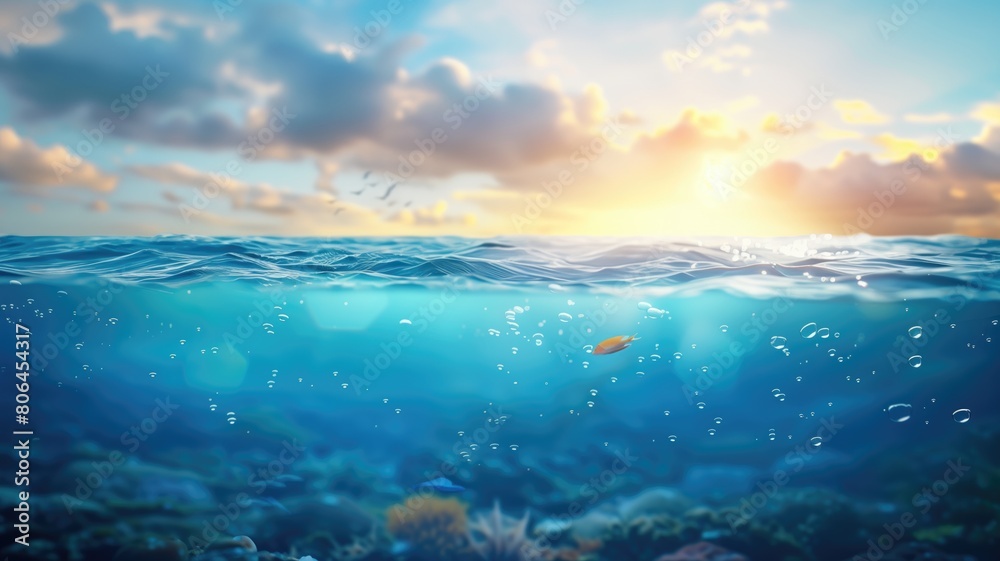 Tranquil split view of ocean surface and underwater life with coral fish under sunset sky