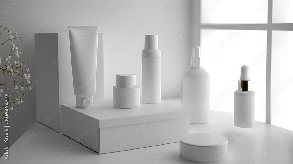 Clean and modern white skincare packaging on a bright windowsill with minimalist aesthetic and natural light. Clean and modern white skincare packaging on a bright windowsill with minimalist aesthetic and natural light.