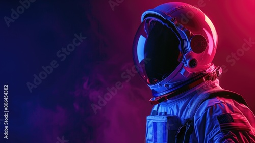 Astronaut in helmet against neon-lit background with smoke effect