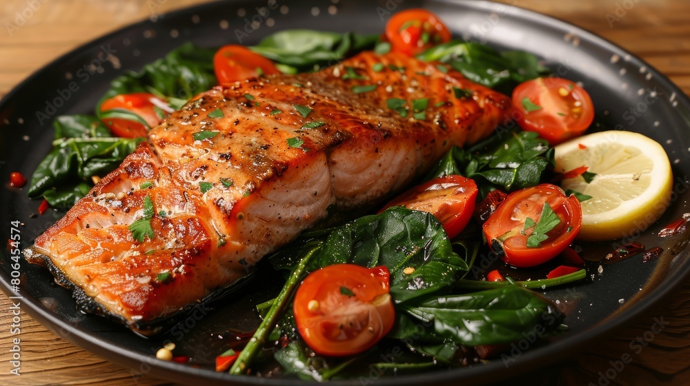 Fried salmon steak with spinach, lemon and cherry tomatoes served on black plate on wooden table