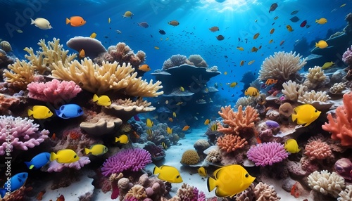 A vibrant underwater coral reef scene with a variety of colorful tropical fish swimming among the coral formations © Studio One