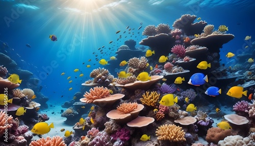 A vibrant underwater coral reef scene with a variety of colorful tropical fish swimming among the coral formations