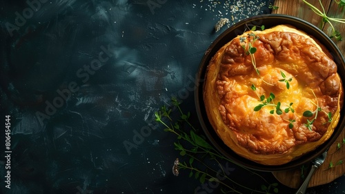 Baked cheese souffle garnished with herbs on dark surface