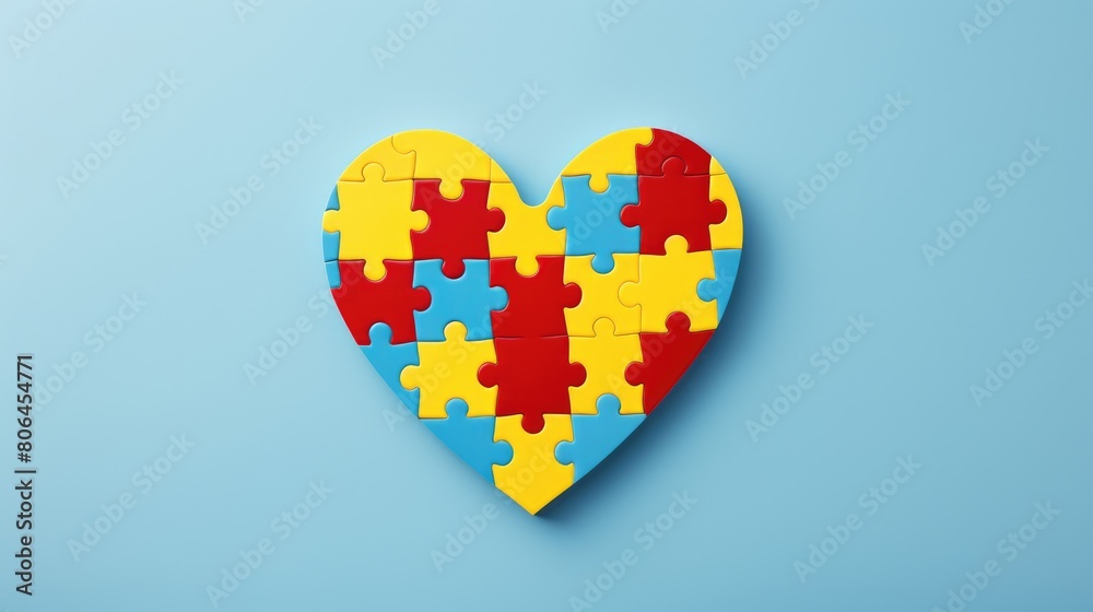 Puzzle heart in blue, yellow, red on light blue backdrop. Autism awareness concept. Ai Generated Puzzle heart in blue, yellow, red on light blue backdrop. Autism awareness concept. Ai Generated