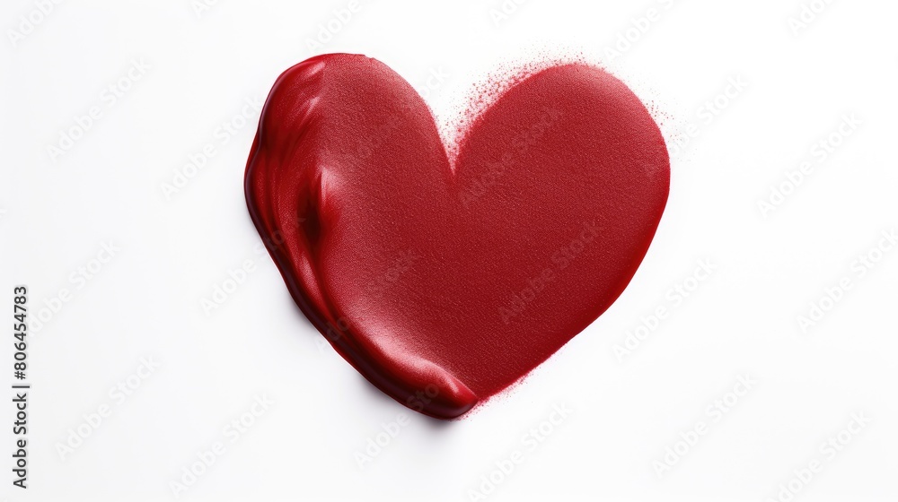 Fototapeta premium Heart-shaped red lipstick swatch isolated on white. Glamorous beauty. Ai Generated