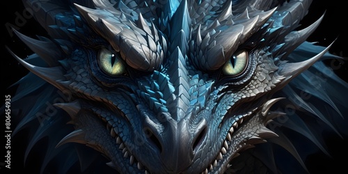 A close-up of a fierce dragon's face with glowing red eyes, sharp scales, and a menacing expression