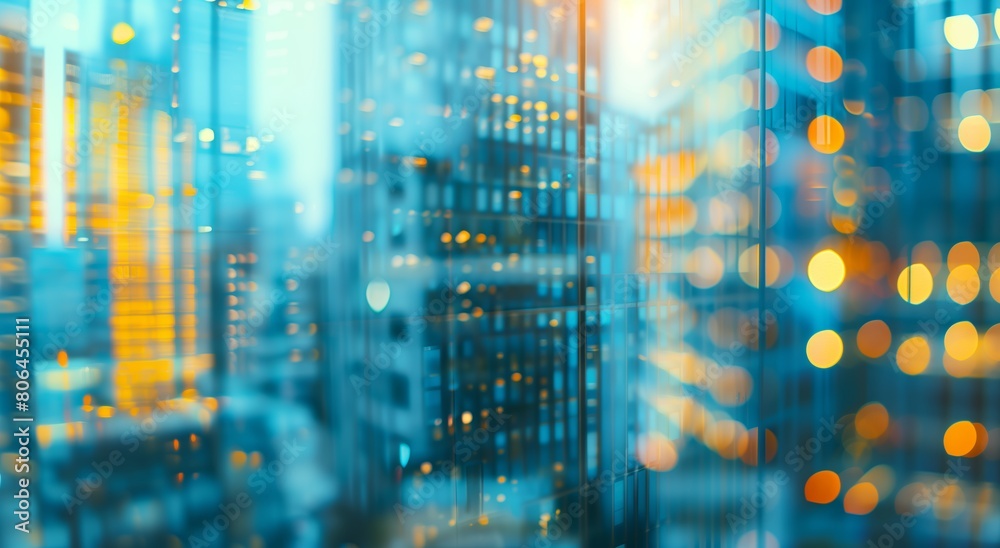 Large blurred glass wall of modern building business office in city with blue light and yellow sun ray highlights background. Generative AI