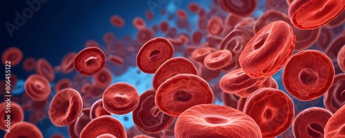 Red blood cells flowing through a blood vessel, with a blue background
