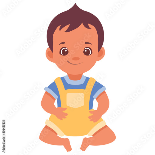 Cartoon baby boy sitting and smiling while wearing yellow overall and blue t-shirt