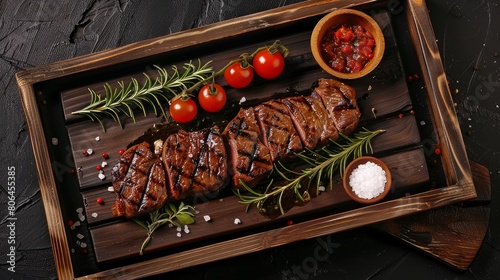From above of appetizing grilled beef steak served with salt and tomatoes with herbs on wooden tray