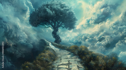 Big verdant tree stands defiant in the center of a winding stone path depicted in this painting. The path, narrow and seemingly challenging, snakes around the thick trunk, its destination a mystery photo