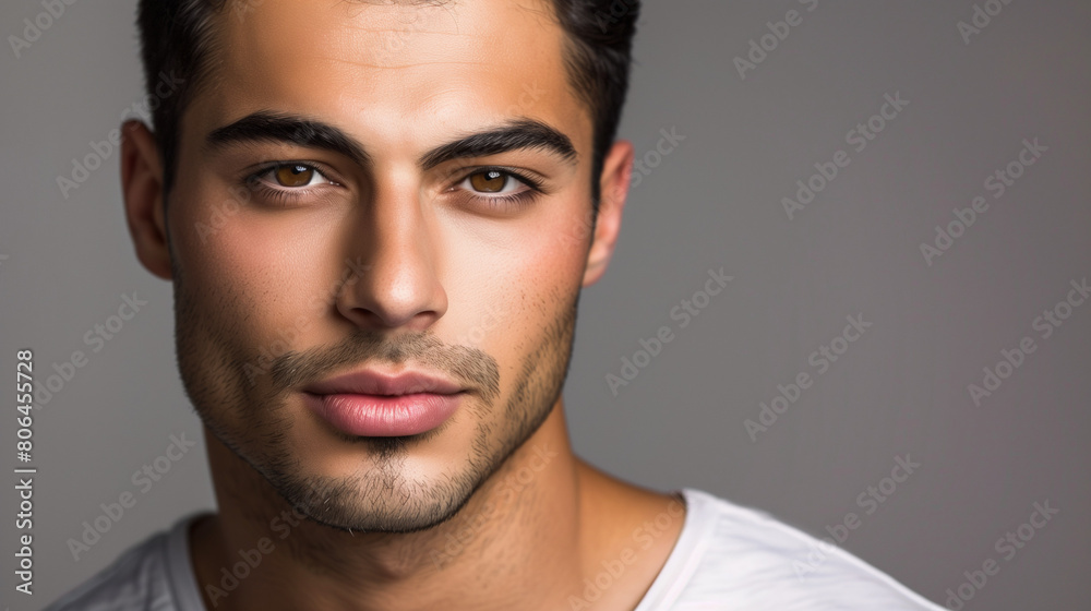 a latino male model in a close up studio image with a white t-shirt and gray background a latino male model in a close up studio image with a white t-shirt and gray background