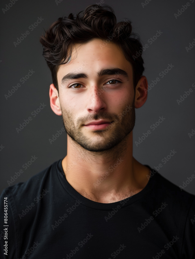 headshot of a handsome male model in his mid-twenties in a dark shirt with a dark background headshot of a handsome male model in his mid-twenties in a dark shirt with a dark background