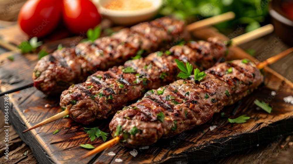 grilled minced meat skewers kebabs on wooden table, selective focus