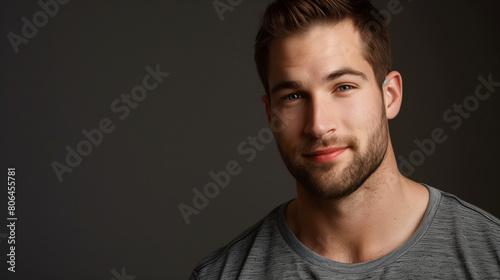studio portrait of an attractive male model with stubble and a light smile and a dark background photo