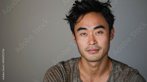 casual close up portrait of an asian man looking at the camera with netural lighting and background photo