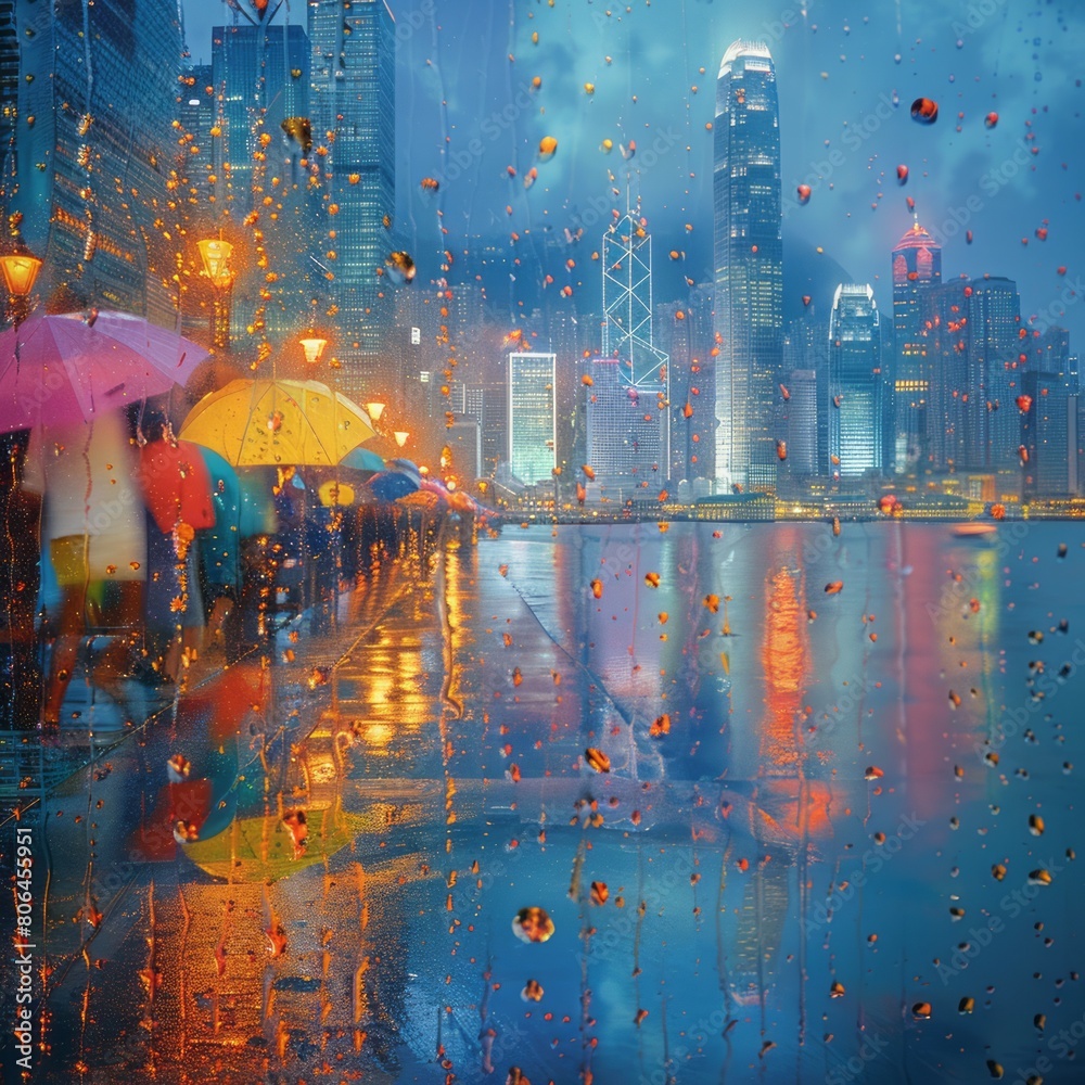 Obraz premium Colorful Umbrellas Amidst a Big City's Rainy Day