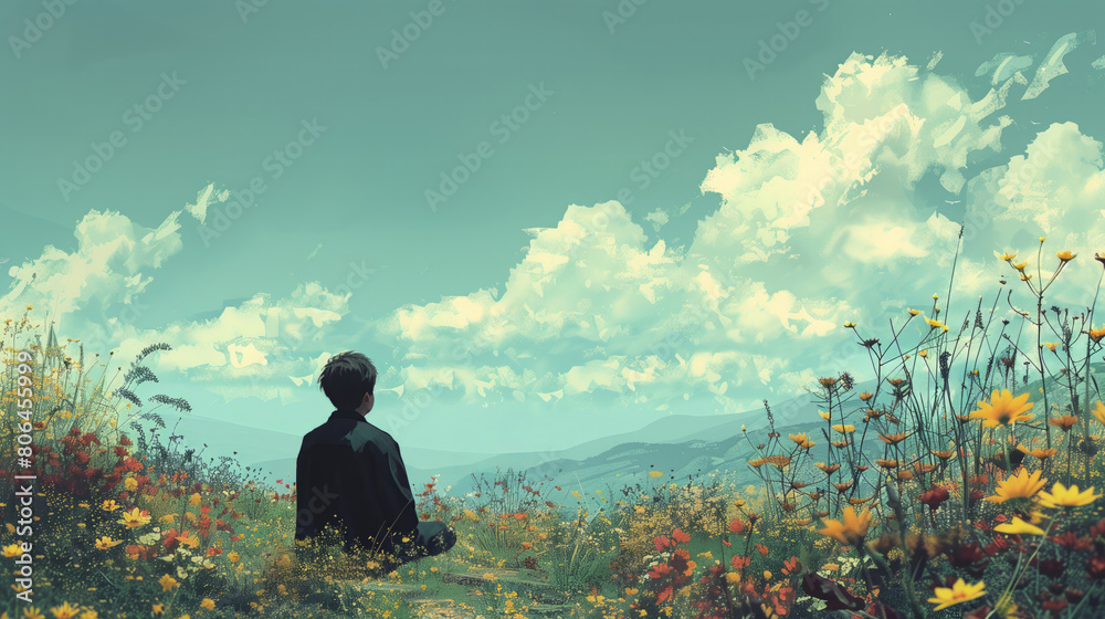 Fototapeta premium Serene landscape with contemplative person