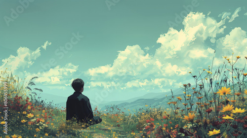 Serene landscape with contemplative person