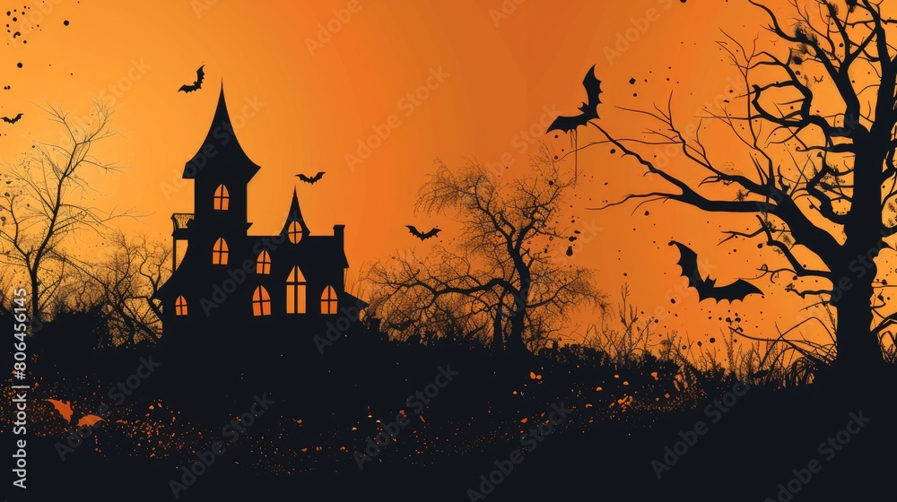 Silhouette of haunted house, bats, and spooky trees on orange backdrop. Halloween scene. Ai Generated