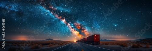 A convoy of trucks with red containers traversing a desert highway under a starry sky..