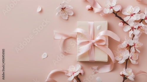Petite elegant gift box with delicate pale pink ribbon adorned with sakura flowers on soft pink backdrop. Ai Generated © Crazy Juke