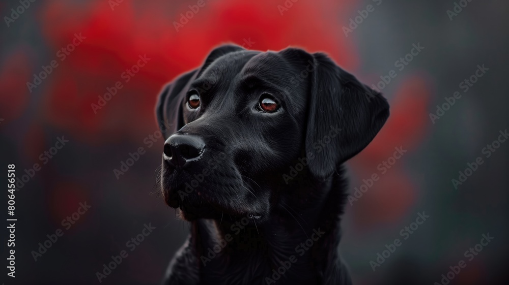 Black dog with shiny coat looking to side against blurred red and black background